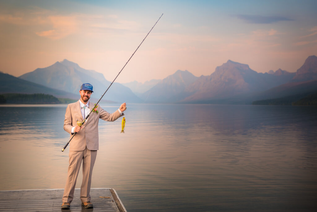 Fishing in Montana during an adventure elopement at Glacier National Park